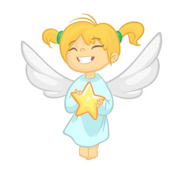 Cute happy girl angel character with white wings flying. Vector illustration isolated