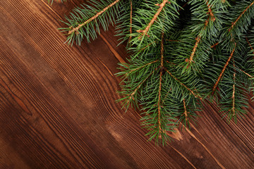 Christmas fir tree on a wooden board. Green spruce branches as a textured background. Green spruce, white spruce, blue spruce.