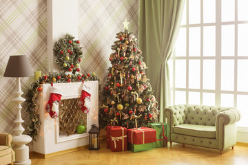 christmas room interior design xmas tree decorated by lights resents gifts toys candles copy space holiday concept