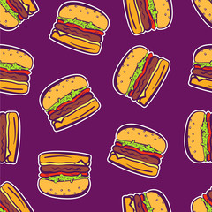 Cartoon colorful bright outline hamburger stickers on violet or purple background, seamless pattern. Comic flat pop art burger texture for fast food banner, textile, wrapping paper, package, cover