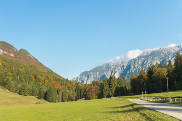 Fototapeta na wymiar Picturesque autumnal landscape view on the mountains in Val di Sella, Borgo Valsugana, Trentino, Italy, Europe