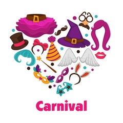 Carnival party promo poster with accessories and garments inside heart.