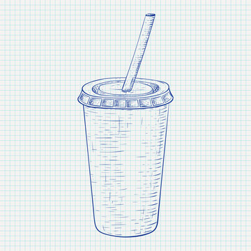 Disposable cup with drinking straw. Blue hand drawn sketch on lined paper