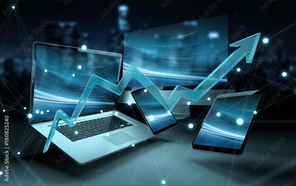 Poster blue arrow in front of modern tech devices 3d rendering