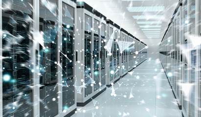 Server room center exchanging cyber datas 3D rendering