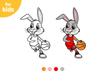 Rabbit dribbling basketball, line art illustration for coloring book or page