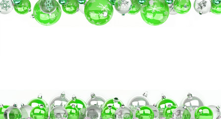 Green and white christmas baubles lined up 3D rendering