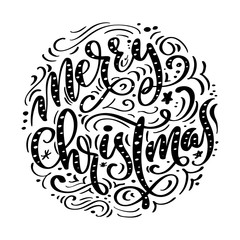 Merry Christmas black handwritten text. Hand drawn calligraphy and lettering in form of circle. Vector illustration