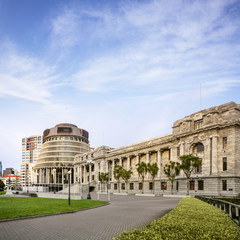 Obraz premium Wellington The Beehive and Parliament House New Zealand