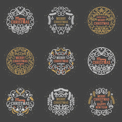 Set of Merry Christmas and Happy New Year Decorative Badges for Greetings Cards or Invitations. Vector Illustration. Typographic Design Elements. Golden, White and Pink Color Theme on Dark Background