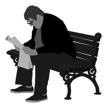 Senior, mature man sitting on a bench in park vector illustration. Grandfather outdoor relaxing. Gentleman with glasses sitting on a wooden chair and reading a newspaper in a park. Pensioner time.