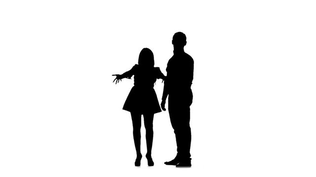 Couple in love waving their friends and calling them to them. Silhouette. White background. Slow motion