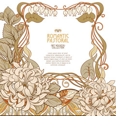 Poster, background with space for text and decorative flowers in art nouveau style, vintage, old, retro style. Stock vector illustration. © Elen  Lane