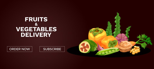 Organic and healthy food delivery banner with colorful icons of fruits, vegetables, eco nutrition concept, diet menu vector illustration