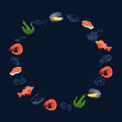 Seafood wreath banner with colorful icons of fish, mussels, salmon, shrimp, eco nutrition concept, diet menu vector illustration