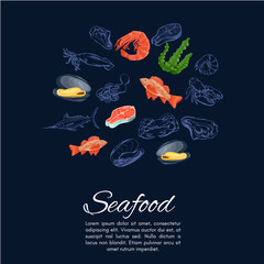 Seafood web banner with colorful icons of fish, mussels, salmon,