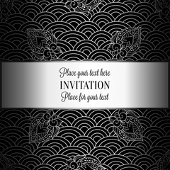 Vector abstract wavy invitation card with geometrical fish scale layout. Silver grey tracery on a dark black background. Fan shaped stylized ocean waves. Fish scales with decorative flowers