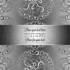 Wedding invitation or card , intricate mandala background. Metal silver and black, Islam, Arabic, Indian, Dubai background, fashion design with place for text
