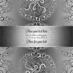 Wedding invitation or card , intricate mandala background. Metal silver and black, Islam, Arabic, Indian, Dubai background, fashion design with place for text