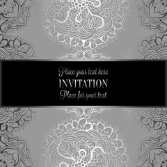 Wedding invitation or card , intricate mandala background. Metal silver and black, Islam, Arabic, Indian, Dubai background, fashion design with place for text