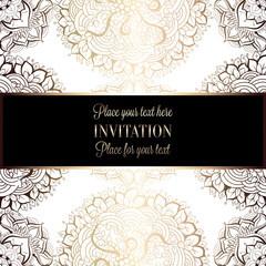 Wedding invitation or card , intricate mandala background. Metal gold and black, Islam, Arabic, Indian, Dubai background, fashion design with place for text