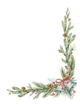 Watercolor vector Christmas decorative corner with fir branches and bells.