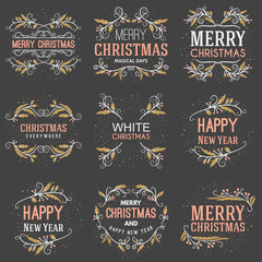 Set of Merry Christmas and Happy New Year Decorative Badges for Greetings Cards or Invitations. Vector Illustration. Typographic Design Elements. Golden, White and Pink Color Theme on Dark Background