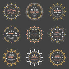 Set of Merry Christmas and Happy New Year Decorative Badges for Greetings Cards or Invitations. Vector Illustration. Typographic Design Elements. Golden, White and Pink Color Theme on Dark Background