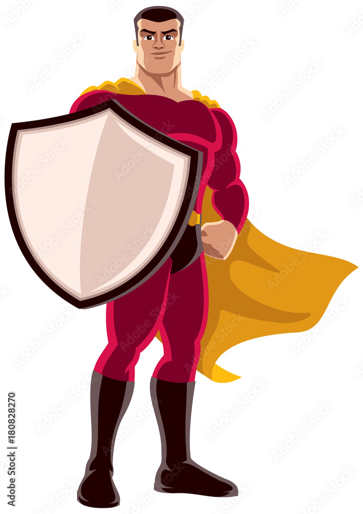 Wall mural superhero holding shield / illustration of superhero holding big shield on white background.