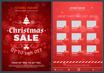 Christmas sale catalog design. Business flyer template. Vintage badge with red background