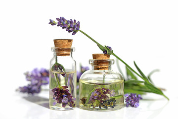 Obraz na płótnie Canvas Lavender oil. Oil with lavender flower in a glass small bottle and sprigs of lavender on a white background. Botanical cosmetics concept