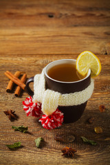 Obraz na płótnie Canvas Cup with scarf with hot tea.