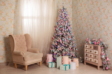 christmas room interior design xmas tree decorated by lights resents gifts toys candles copy space holiday concept