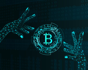 Electronic hands and bitcoin symbol.