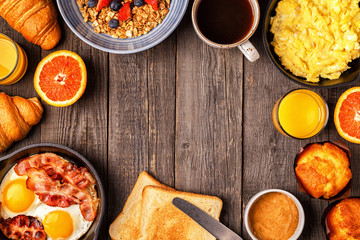Delicious breakfast on a rustic table.