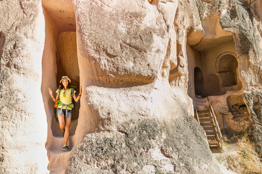 Travel at ancient cave underground city and Crusaders Church in Cappadocia, Turkey. Concept of archeology and tourist destination