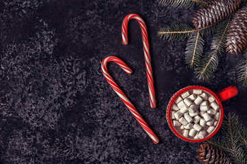 Christmas background with hot cocoa and marshmallow.