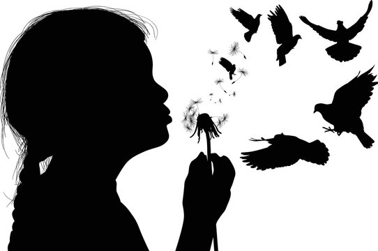 Girl Blowing On Black Dandelion And Flying Doves