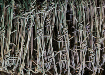 close-up Several rows of sharp rusty barbed wire texture. Abstract background