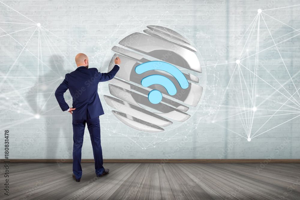 Poster businessman in front of a wall with wifi symbol displayed in a sliced sphere - 3d rendering