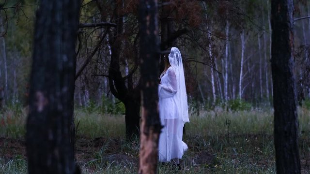 Halloween. The young woman in the white bride dress walking through the burnt pine forest holding in the arms a pumpkin with a lighted wax candle. 4K