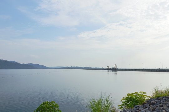 landscape of Khun Dan Prakarn Chon big concrete dam in Thailand