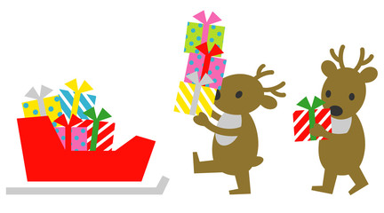 ソリにプレゼントをのせる　トナカイ