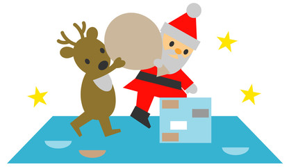 煙突から入ろうとするサンタクロース　トナカイ