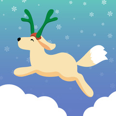 Cute golden retriever puppy dog wearing reindeer hat jumping on the snowy clouds in flat style. Christmas winter celebration concept. Vector illustration