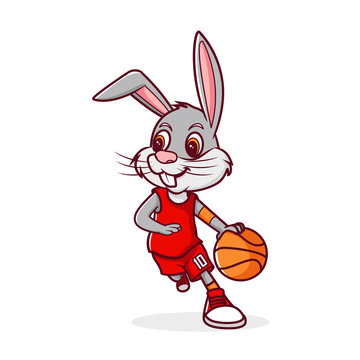 Rabbit dribbling basketball, line art illustration for coloring book or page