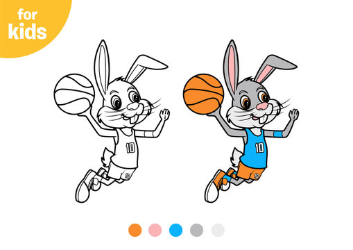 Rabbit Slam Dunk, basketball line art illustration for coloring book or page