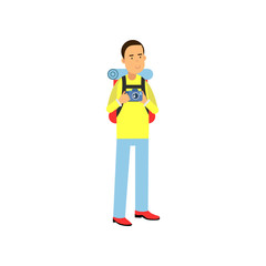 Cartoon man tourist character with photo camera in hands and backpack on his shoulders. Travel and hiking concept