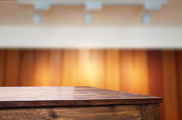 Empty wood table and blurred booked cafe light background. product display template. Business presentation