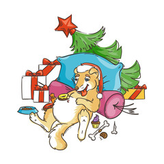 Yellow dog for New Year 2018, cute symbol of horoscope. Cute puppy in cartoon doodle style.